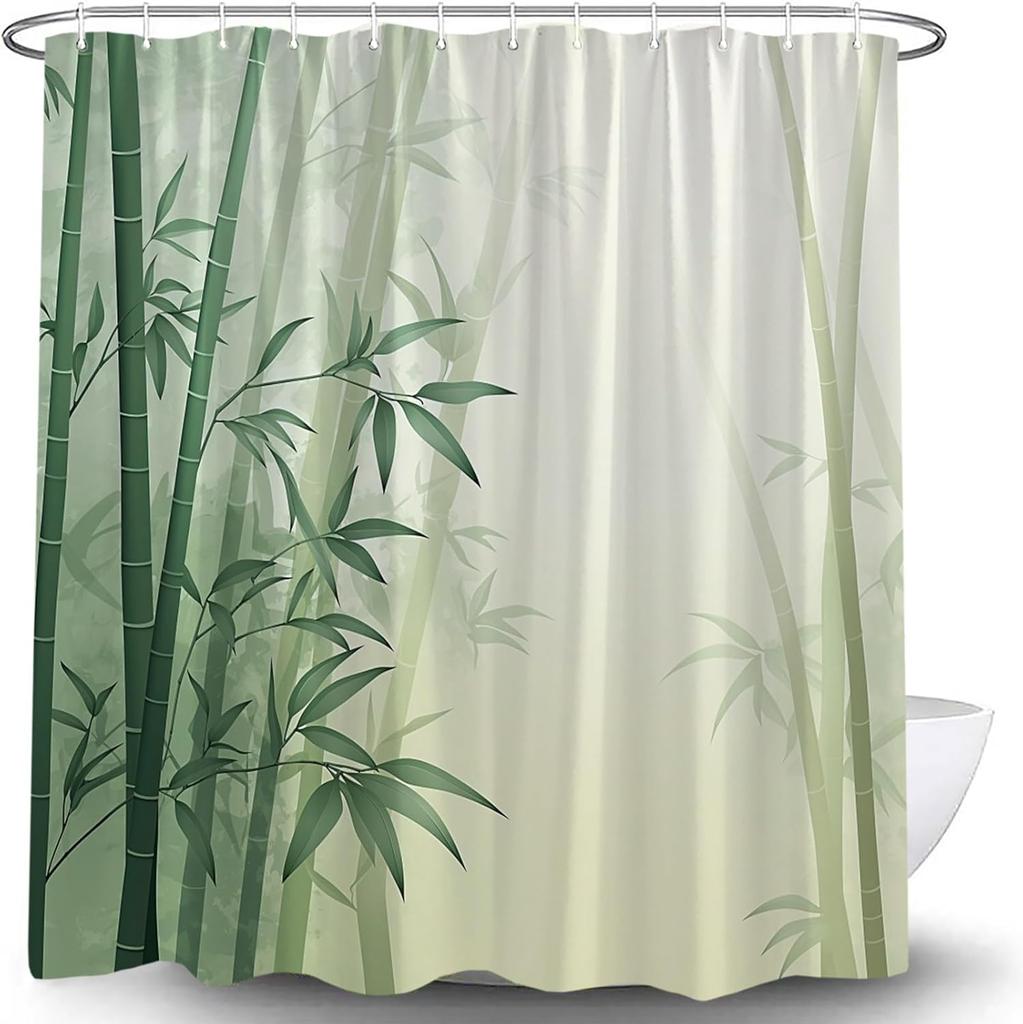 Bamboo Shower Curtain Watercolor Green Bamboo Plant Rustic Nature Spa Forest Tree Japanese Asian Art Scenic Fresh Spring
