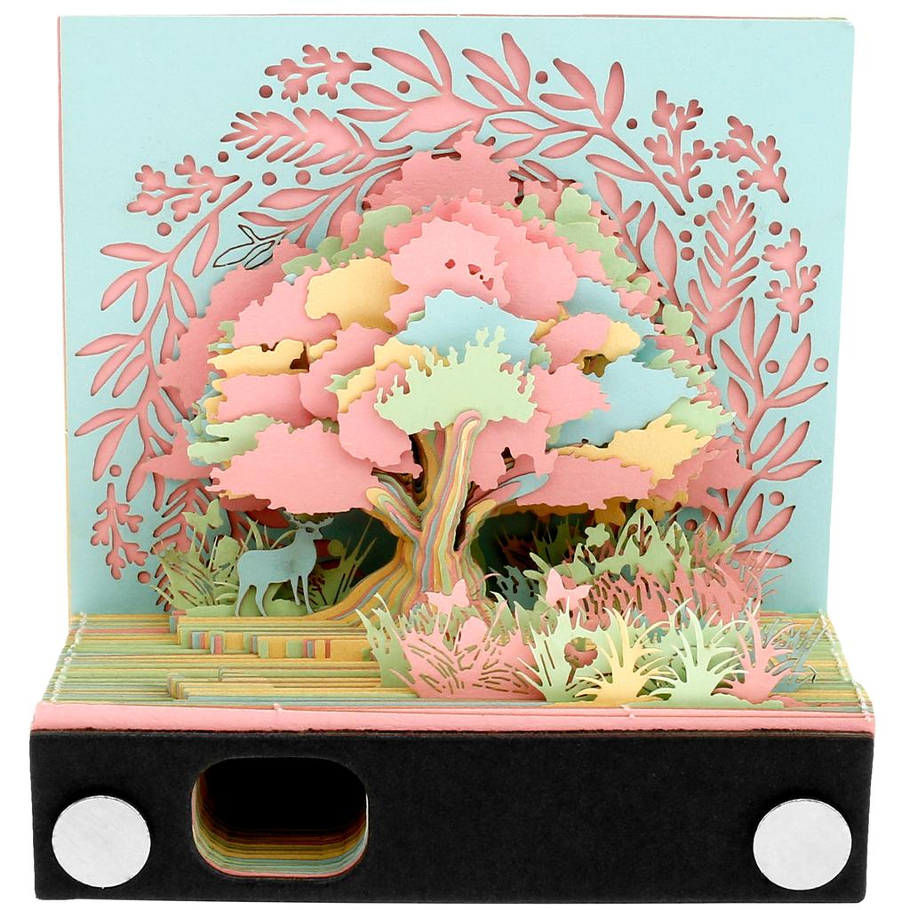 Creative Forest 3D Memo Pad with Pen Holder Acrylic Cover Tear-Away DIY Note Pad Paper Carving Art for Desktop Decoration Gift