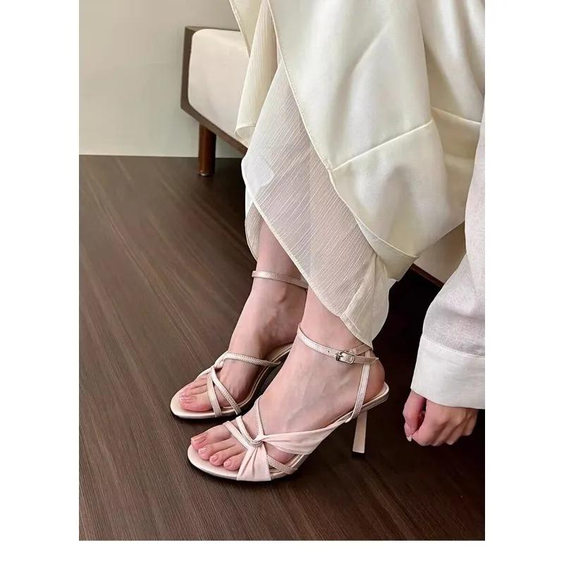 Beautiful Apricot Thick Satin High Heels 2025 New Dress Single-line Buckle Stiletto Sandals French Open-toe Hollow Women's Shoes