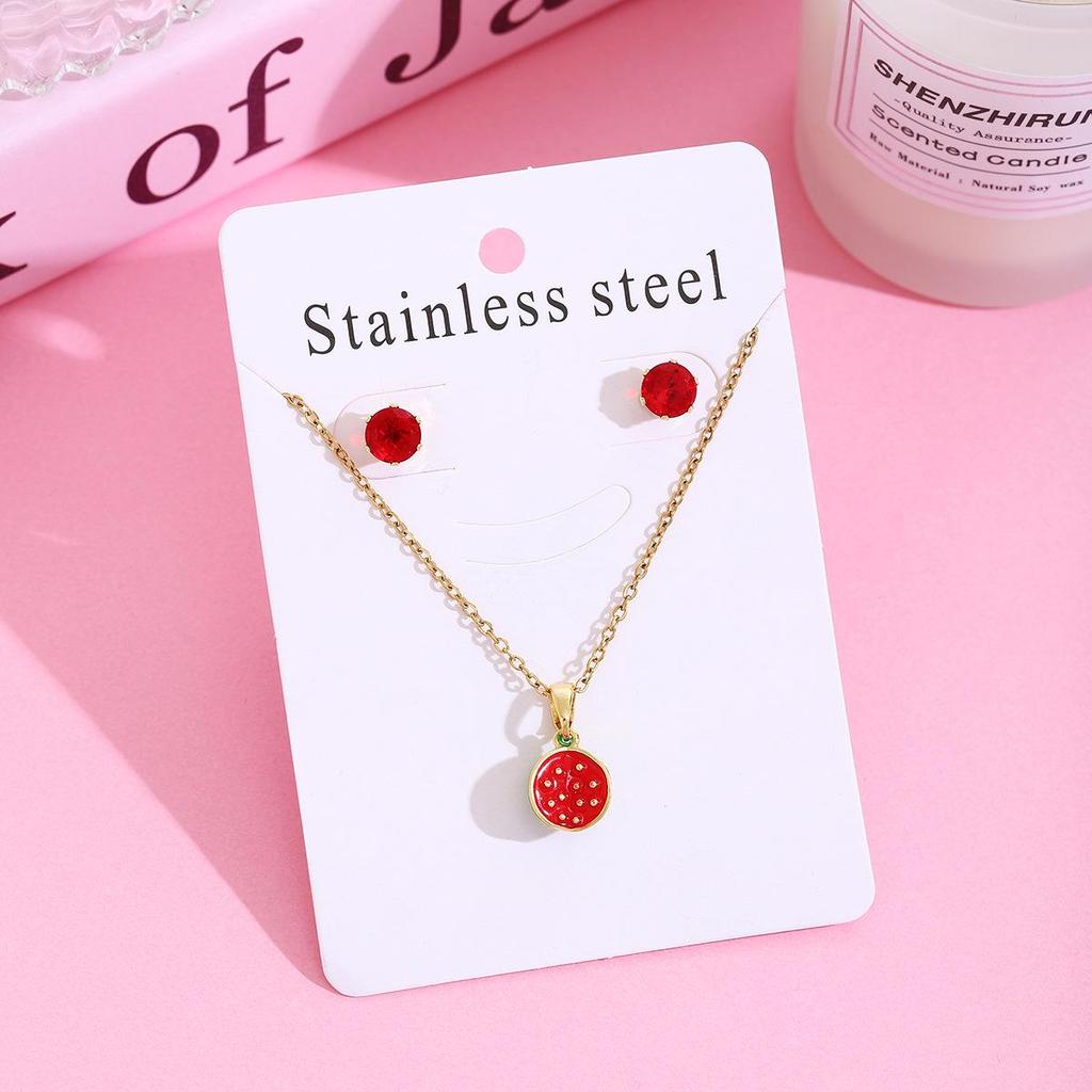 Strawberry Cherry Inlaid Necklace & Earrings Set, Light Luxury Design, 304 Stainless Steel Clavicle Chain for Women