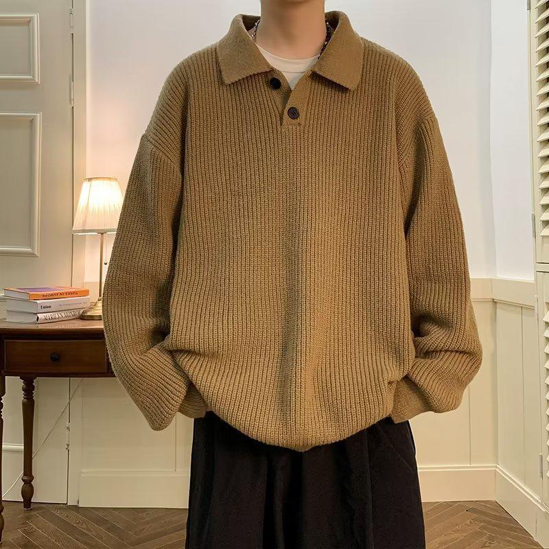 Men's Retro Oversized Coffee Polo Collar Sweater - Japanese Minimalist Style