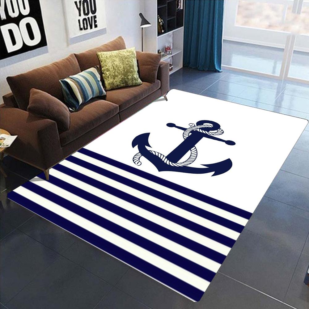 Nautical Theme Floor Mat, Various Marine Patterns Like Anchor Ship Wheel and Lighthouse Home Decor Non Slip Carpet
