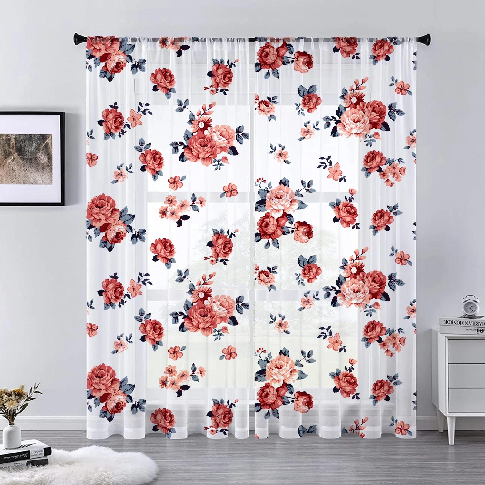 Tonnika Chen Light Idyllic Roses Flowers Curtains Living Room Home Decor Floral Voile Drape Kitchen Window Tulle Essentials Curtain Filtering For Great Polyester