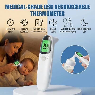 USB Rechargeable Digital Thermometer 3-in-1 Infrared Forehead Ear Temp Gun for Baby Adults 1s Instant Read Medical Grade