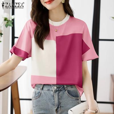 Damen Freizeit Sommer Patchwork Kurzarm T-Shirts