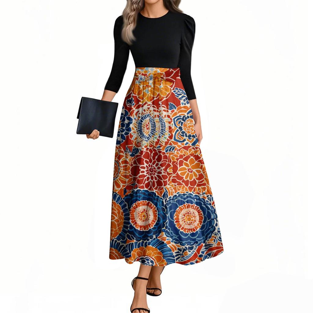 Rochii de damă la modă, casual, cu mâneci trei sferturi, cu guler rotund, cu imprimeu floral, elegante, cu temperament