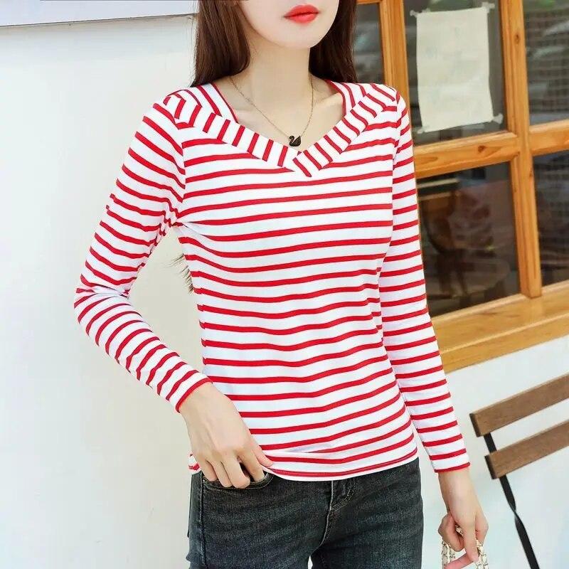 95 Cotton Long Sleeved Striped T-shirt Women's Fashion Spring Autumn New V-neck Bottoming Blouse