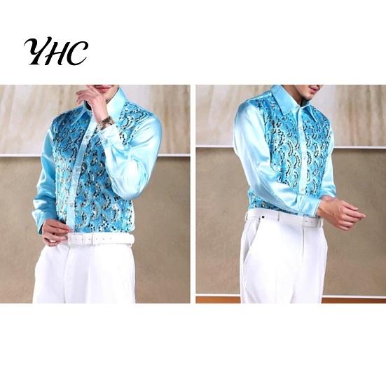 Sequin Embellished Men Shirt Luxury Sequins Performance Lapel Long Sleeve Single-Breasted Lightweight Wedding Stage Slim Fit Formal Casual Tops