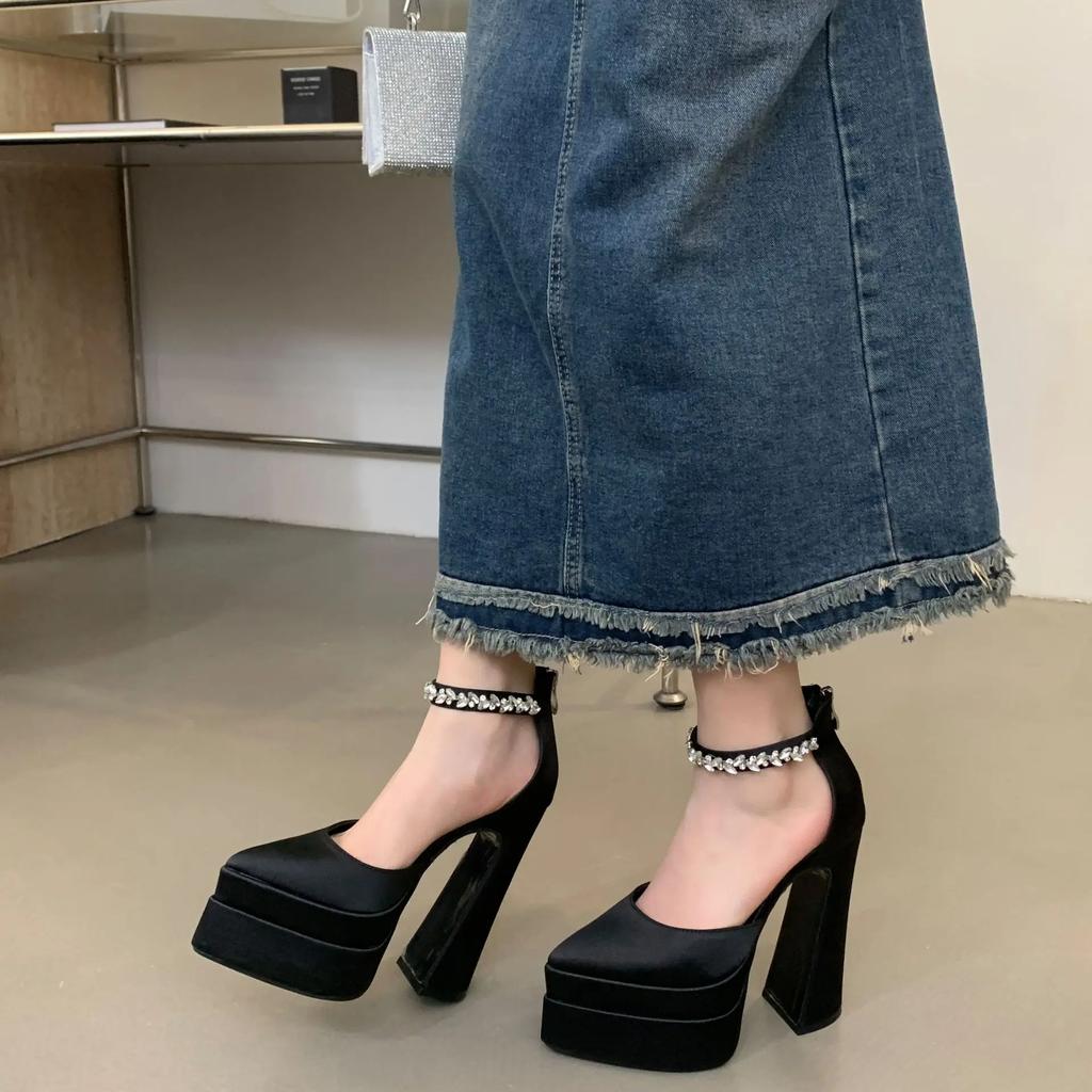 2026 New Fashion Catwalk Show Women's Single Shoes Fashion Pumps Summer Water Platform Thick Heel Pointed Toe Satin High Heels