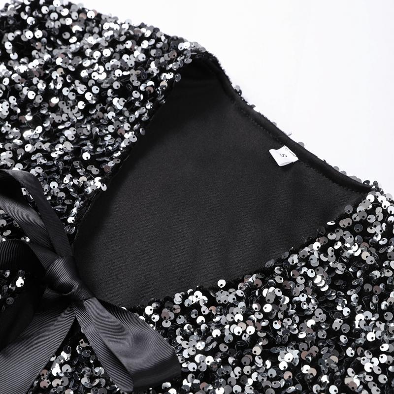 Bow Tie Lace Up Sequin Top Women's Short Sleeved V-neck Shirt Sweet Solid Color Blouses 2025 Spring and Summer Fashion