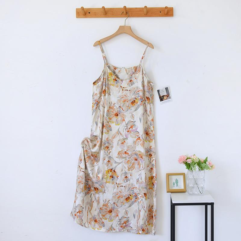 Spring/Summer New Women's Sling Skirt 100% Viscose Fiber Sleeping Skirt Printed Sleeping Skirt Sexy Home Dress for Ladies