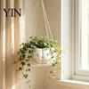 Versatile Tabletop Plant Vessel Pumpkin Shaped Hanging Pot, 4.3 Inch Lightweight Resin Flower Adjustable Decorative Container Rope Mini Pots