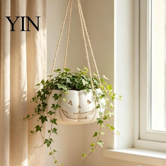 Versatile Tabletop Plant Vessel Pumpkin Shaped Hanging Pot, 4.3 Inch Lightweight Resin Flower Adjustable Decorative Container Rope Mini Pots