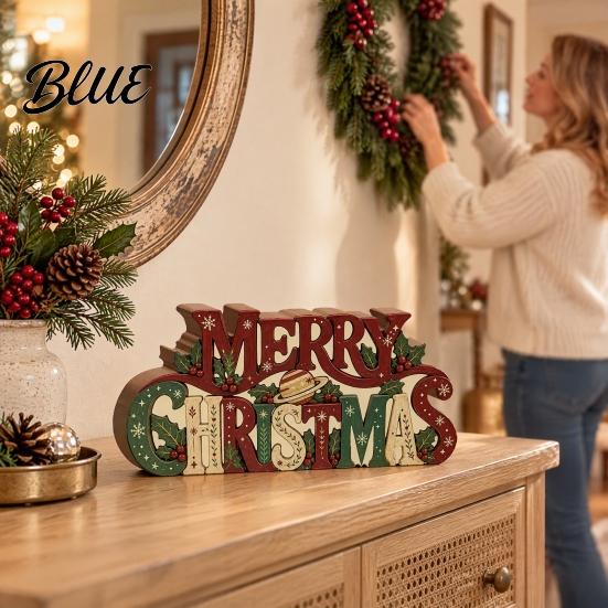 Decorative Holiday Signage Wooden Merry Christmas Sign 2D Flat Farmhouse Freestanding Table Centerpiece Small Keepsake Rustic Tiered Tray Decoration