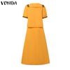 VONDA Two Pieces Women Girls College Style Sets Naval Collar Short Sleeve Blouse and Long Skirts Outfits 