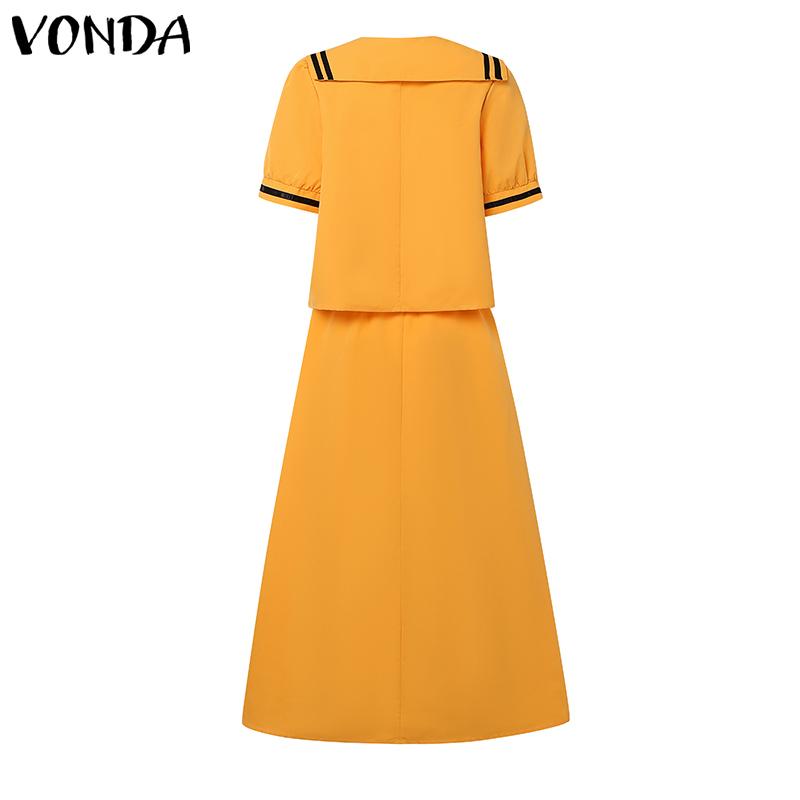 VONDA Two Pieces Women Girls College Style Sets Naval Collar Short Sleeve Blouse and Long Skirts Outfits 
