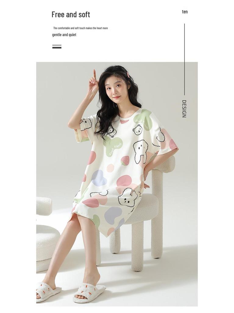 Women's Cartoon Cotton Nightgown with Bra Pads - Short Sleeve, 2024 Summer Style Pajamas