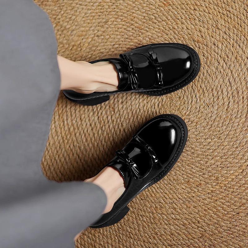 Soft cowhide~ Genuine leather bow thick heel small leather shoes women's spring new British black high heel loafers single shoes