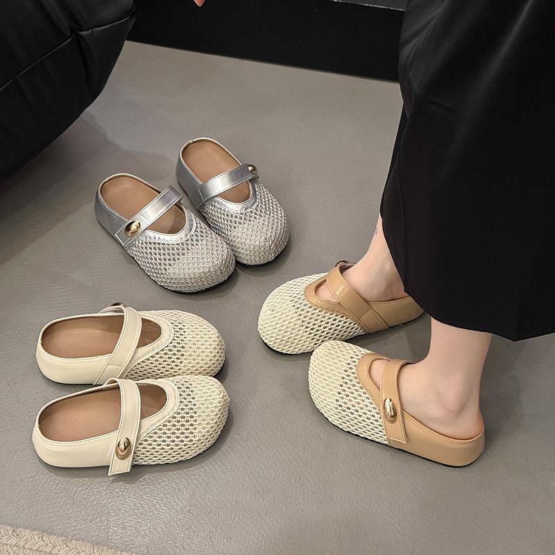 Hollow Fishing Net Crocheted Word Belt Mary Jane Slippers Women's Summer 2025 New Round Head Flat Ballet Shoes