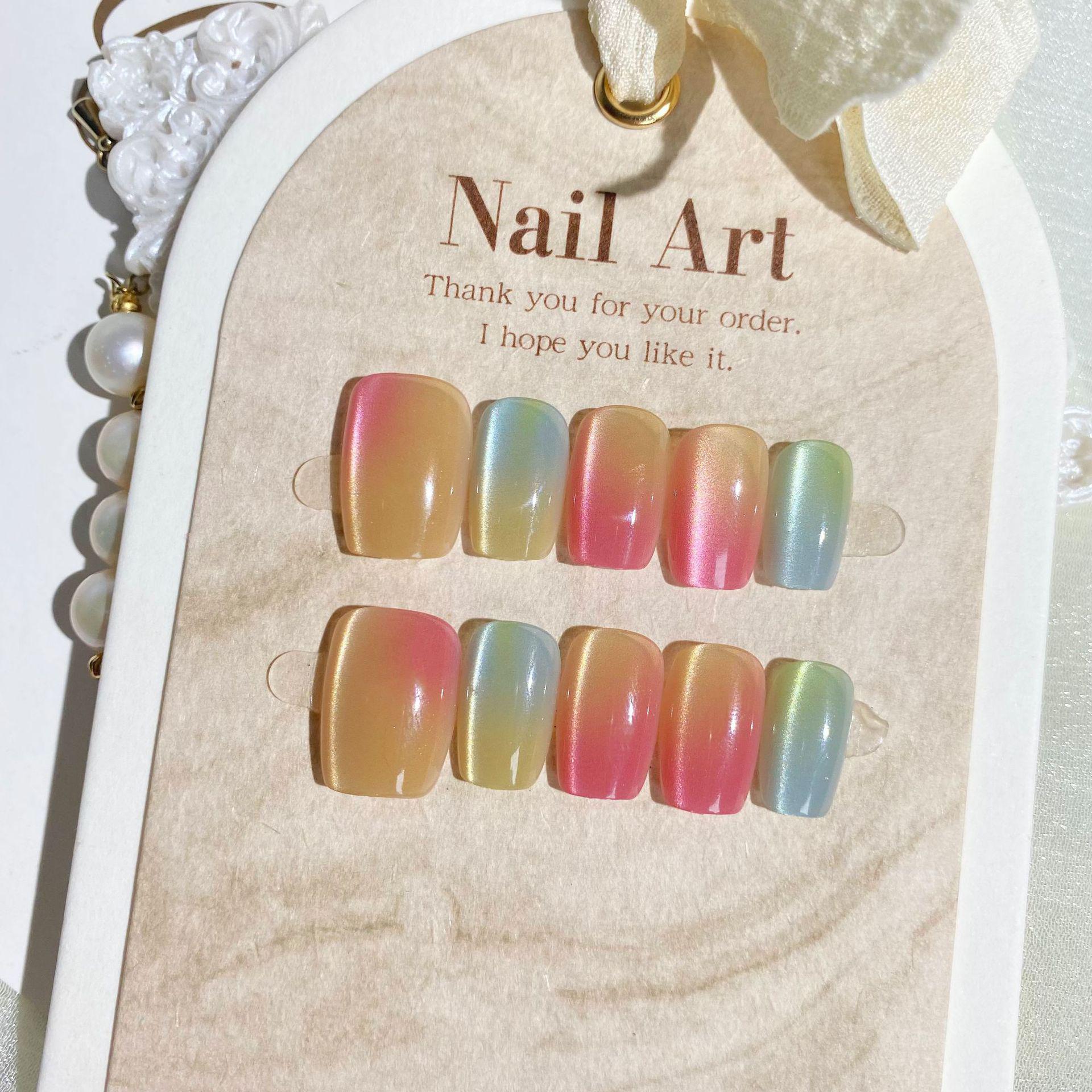 

Summer Candy Cat Eye Press-On Nails with Iridescent Glass Beads, Short Length, 10-Piece Set Small with 5-piece Tool Kit