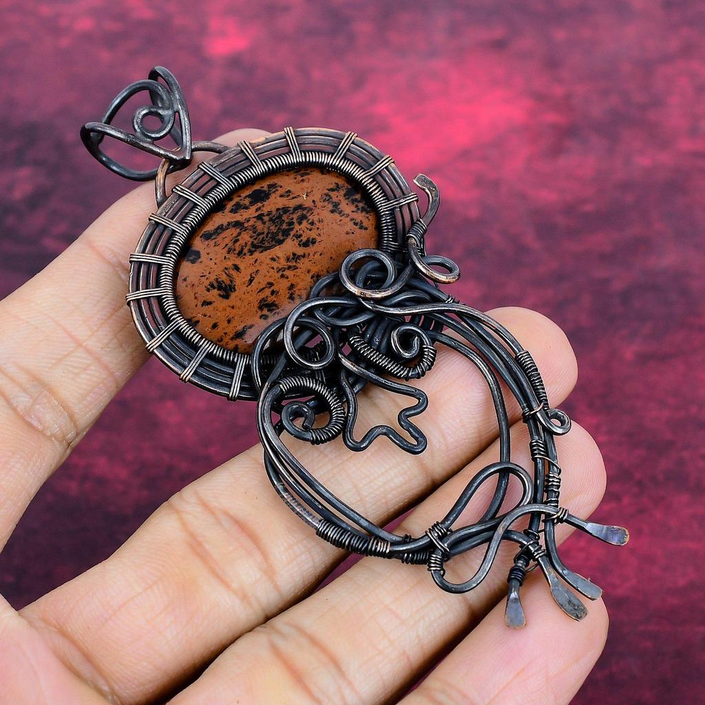 Mahogany Obsidian Pendant Handmade Gemstone Pendant Copper Wire Wrapped Jewelry