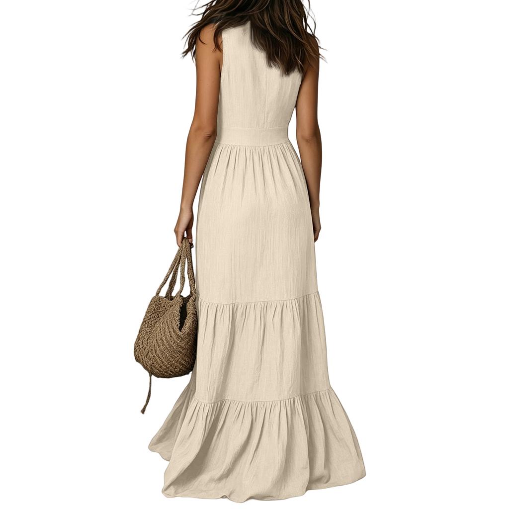 Sleeveless V Neck Maxi Dress for Women Cotton Linen Blend Loose Fit Flared Hem Summer Casual Long Dress with Tie Front Detail
