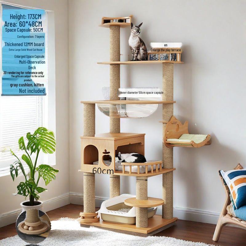 Large Solid Wood Cat Tree with Space Capsule, Plus Size Scratching Post & Board, Floor-to-Ceiling Multi-Season Toy, Wear-Resistant.