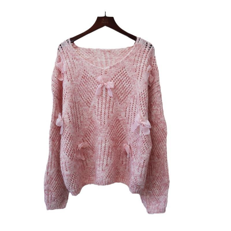 Hollow bow sweater pullover autumn and winter new loose design sweet knitted sweater top women