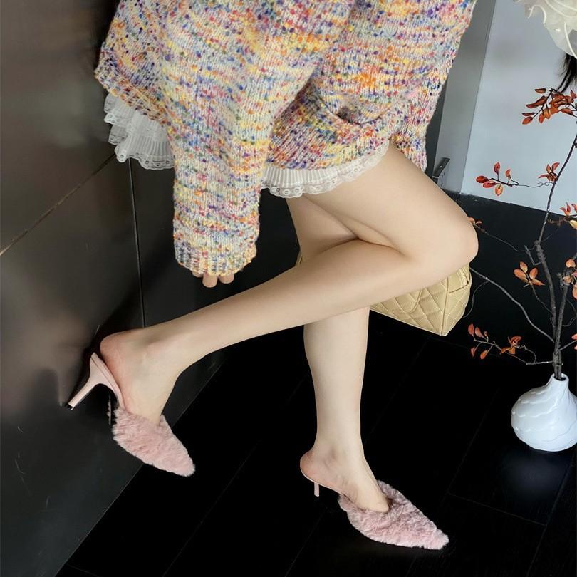 New slippers women's fashion temperament beautiful color fluffy half slippers women's stiletto high heel bag drag high heels autumn