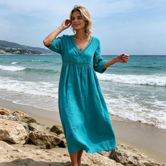 Summer Linen Dress for Women, Casual Beach A-Line Flowy Sundress, Short Sleeve V Neck Hollow Eyelets Long Dress