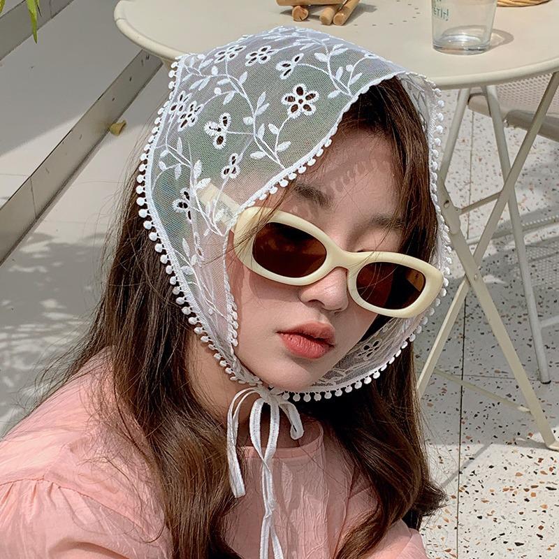 Headscarf Women's Bag Head Cover Hair Headgear Silk Scarf Hollow Flower Hooked Triangle Scarf Summer Thin Breathable Travel Headband