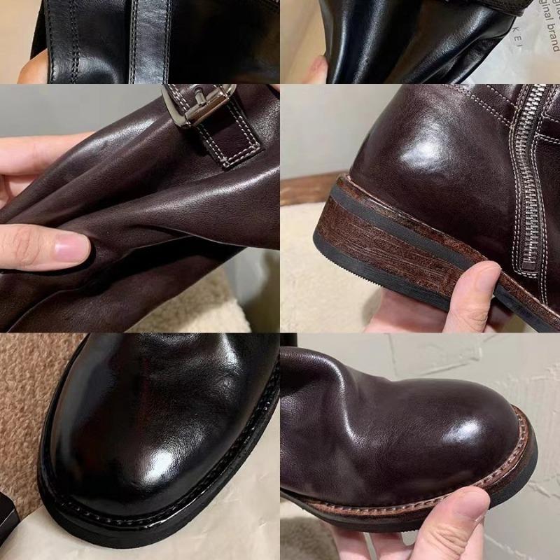 Gewaschenes Rindsleder~ echtes Leder schwarz Retro-Stiefel vielseitig und dünn dicker Absatz Ritterstiefel Damenstiefel hohe Stiefel