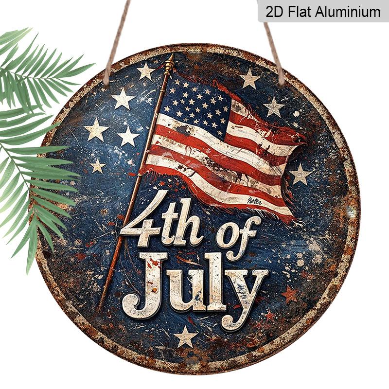 

2D Flat, 1pc Round Aluminum Sign, 4th of July Vintage US Flag Design, Patriotic American Independence Day Metal Wall Art, Perfect for Home, Garage 1pc