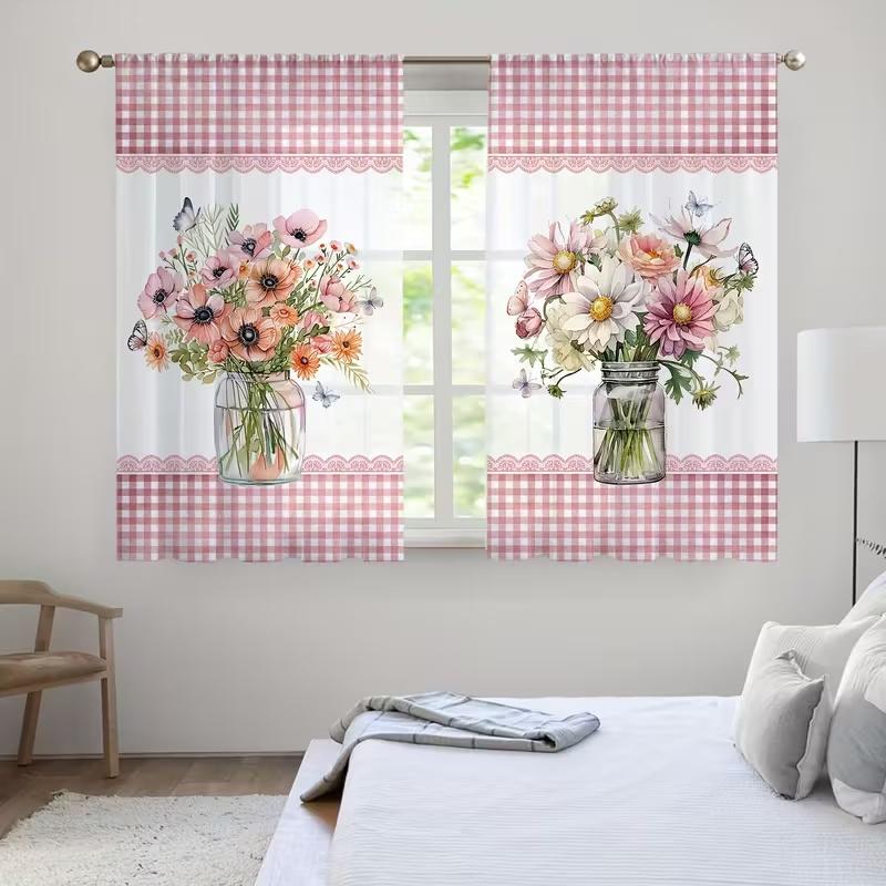 2 Pcs Flower vase print curtains,suitable for bedroom,living room kitchen decoration,home decoration,window decoration