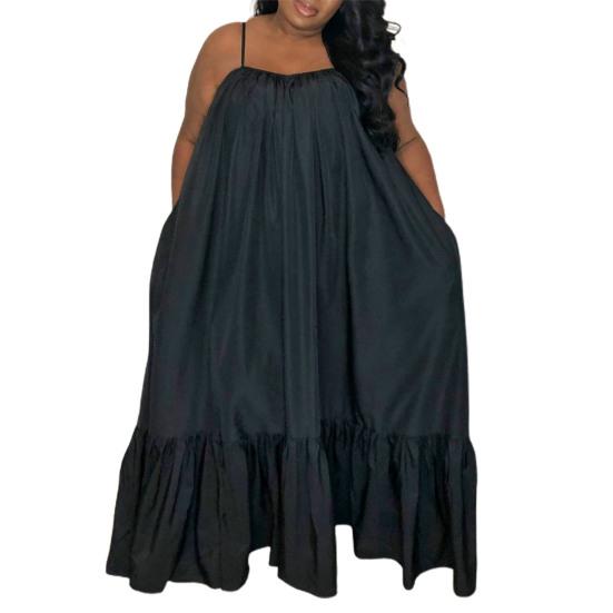 Maxi Dress Backless Casual Floor-length Solid Color Big Swing Strap Pocket Sling Dress for Beach