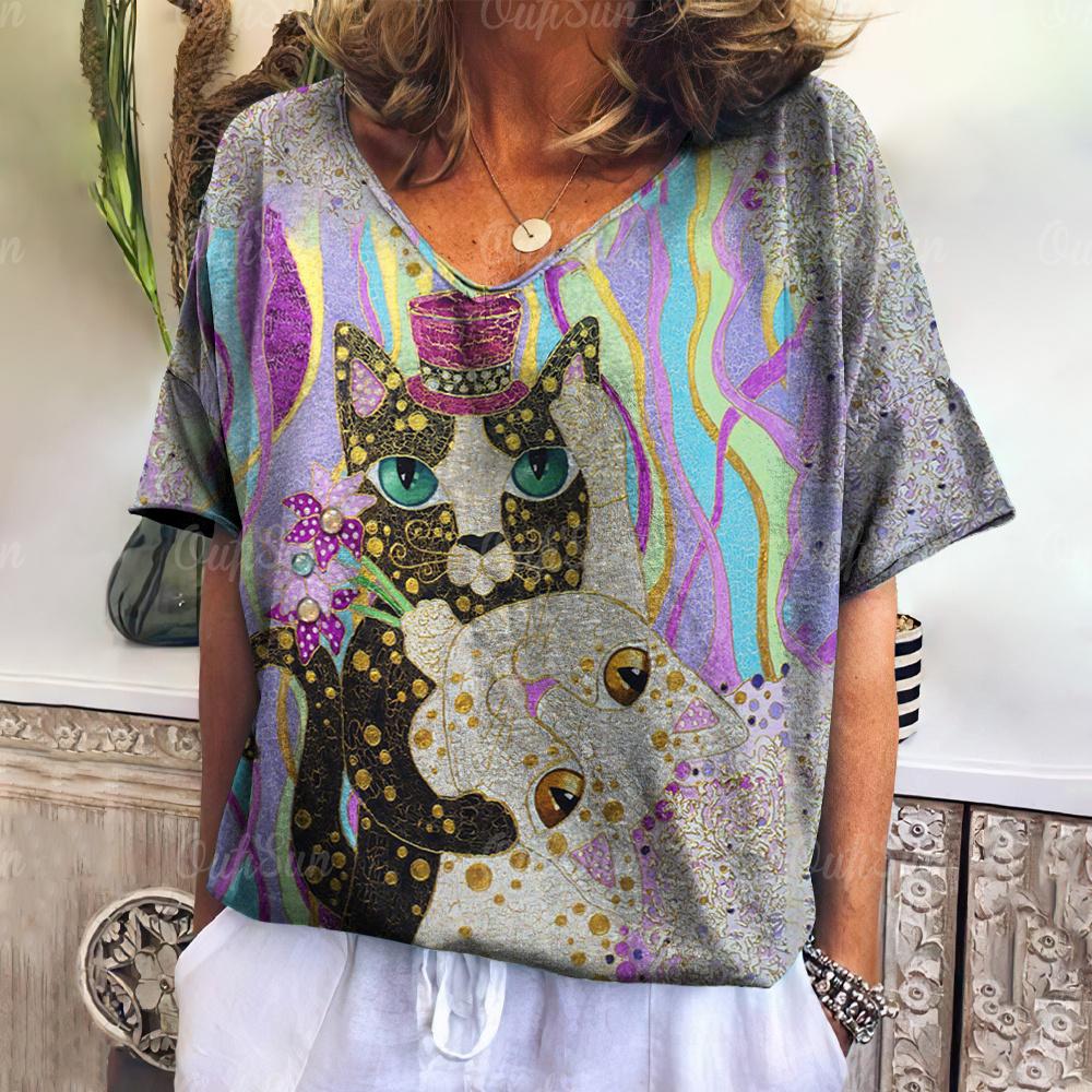 Women's T-shirt Cartoon Cat Print Summer V-neck Short-sleeved Kawaii Fashion Casual Fun Women's Retro Clothing