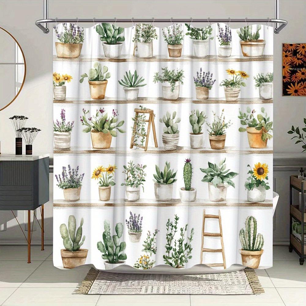 

Акварельная ботаническая шторка для душа - Деревянные полки и комнатные растения, Художественный декор для ванной, Легкая установка W90XH180cm