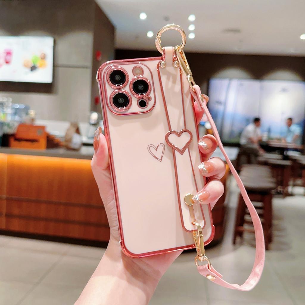 Electroplated Love Heart for IPhone16 Promax Wristband Holder for Apple 15 Simple Protective Case with Lanyard