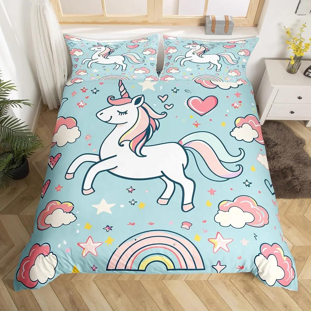 Unicorn Bedding Set Full QueenCartoon Rainbow Animal Comforter Cover Kids Girls Glitter Unicorn Duvet Cover Kawaii Quilt Cover