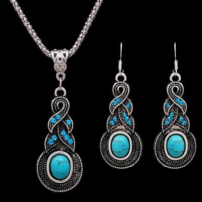Vintage Elegant Retro Turquoise Dangel Hook Earrings & Necklace Jewelry Sets
