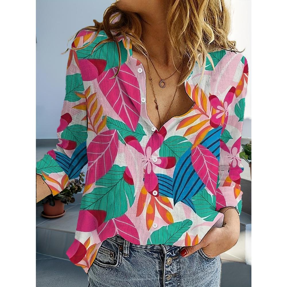 Women's Shirt Ombre Floral Graphic Elegant Vintage Tropical Long Sleeve Shirt Collar Regular Tops Daily Button Printed Summer