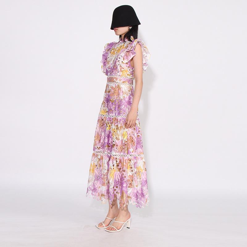 Eleganter französischer langer Rock: 2025 Frühling Stehkragen Spitze Ärmellos Besticktes Kleid für Damen