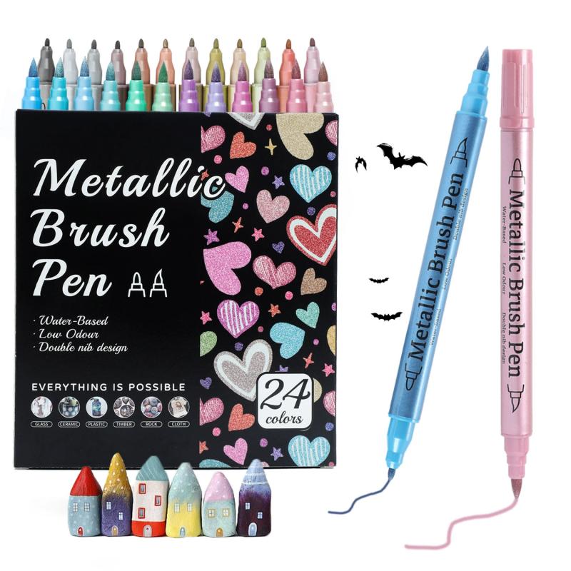 Dual Tip Metallic Colors Acrylic Art Markers Pens Set for Artist Rock Painting,Glass,Ceramic Fabric DIY Card Making Art Supplies