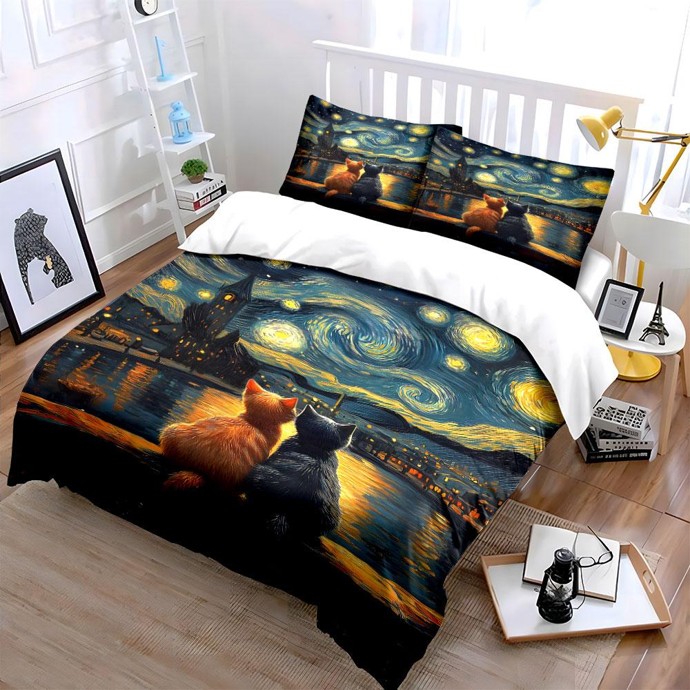 Cats under starry sky. Bedding sets Duvet cover sets Duvet covers Pillowcases(1* Duvet Cover 2* Pillowcases without duvet insert)