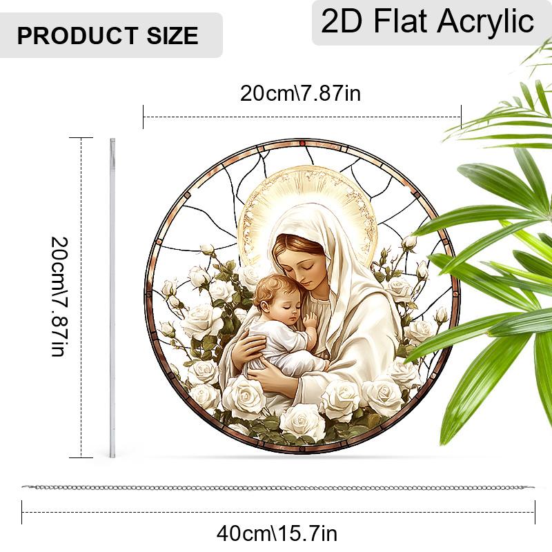 Acrylic Virgin Mary and Baby Jesus with Roses Suncatcher, Stained Glass Effect Window Hanging Ornament for Religious & Faith Lover Gifts