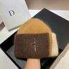 Winter warm double fold rabbit fur knitted hat sweet cross mark contrasting color wool pullover hat large version headgear