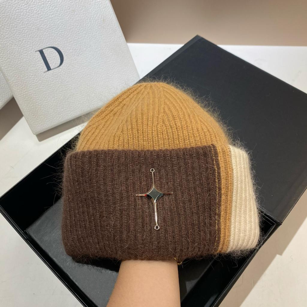 Winter warm double fold rabbit fur knitted hat sweet cross mark contrasting color wool pullover hat large version headgear