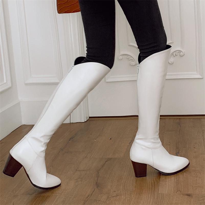 Women Knee High Long Boots Pointed Toe Thick High Heels Zipper Gogo Boots Ladies Fashion Shoes Autumn Winter Black White 46