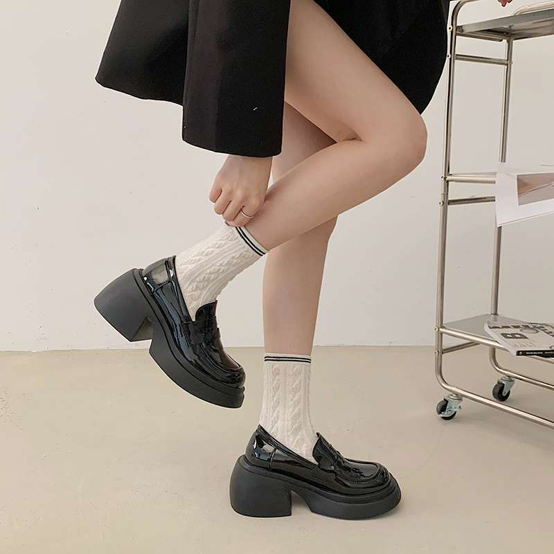 Platform British Style Small Leather Shoes Women's Thick Autumn High Heels One Pedal French Loafers Versatile Height-increasing Small Shoes
