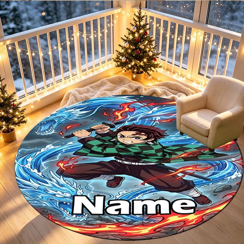 Custom Name Personalized Demon Slayer Print Round Rug, Versatile Home Decor Carpet, for Playroom, Apartment, Balcony, Entryway, Hallway Gift